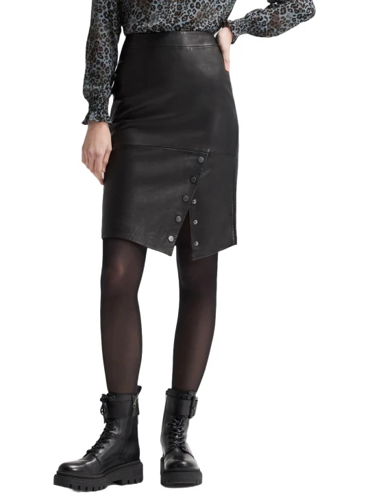 Black Leather Pencil Skirt With Press Studs