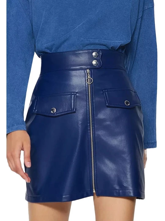Blue Leather Mini Skirt With Flap Pockets