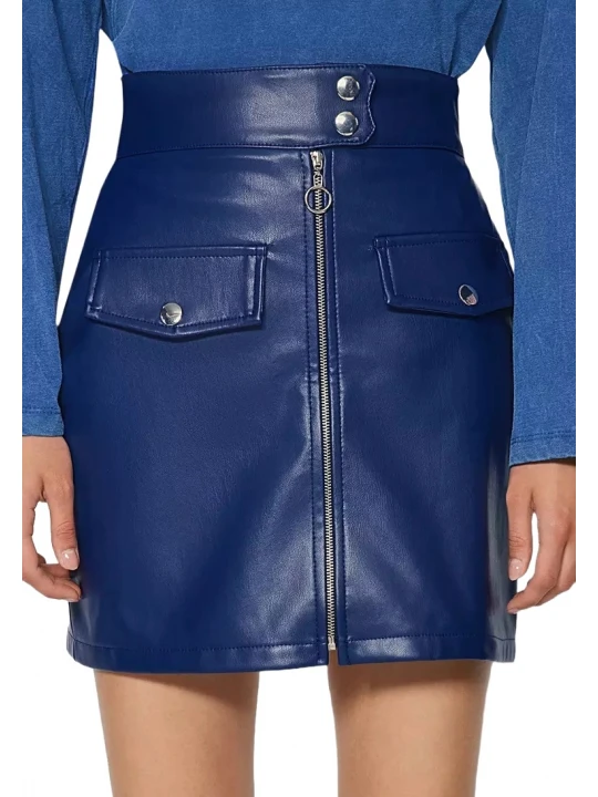Blue Leather Mini Skirt With Flap Pockets