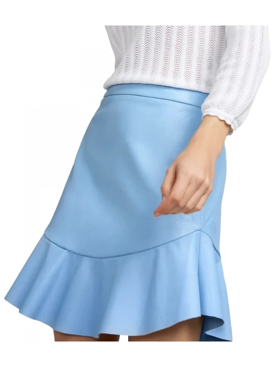 Blue Leather Skirt With Ruffle Hem