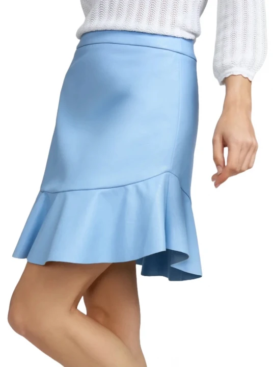 Blue Leather Skirt With Ruffle Hem