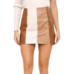 Brown, Beige And White Paneled Leather Miniskirt