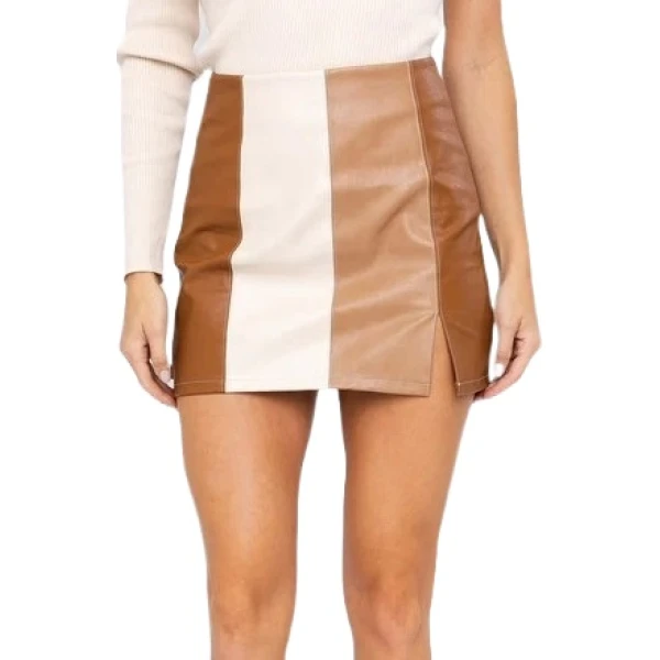 Brown, Beige And White Paneled Leather Miniskirt