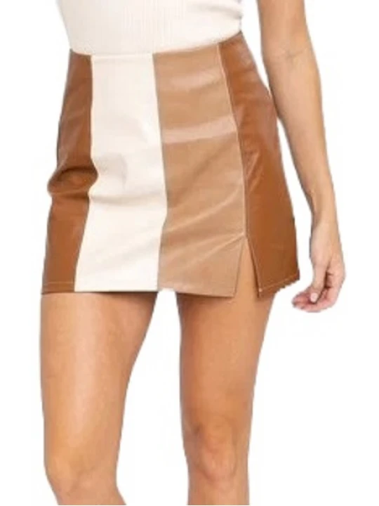 Brown, Beige And White Paneled Leather Miniskirt