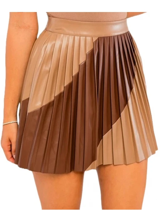 Brown And Beige Leather Pleated Skirt