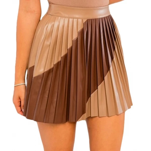 Brown And Beige Leather Pleated Skirt