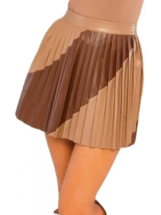 Brown And Beige Leather Pleated Skirt