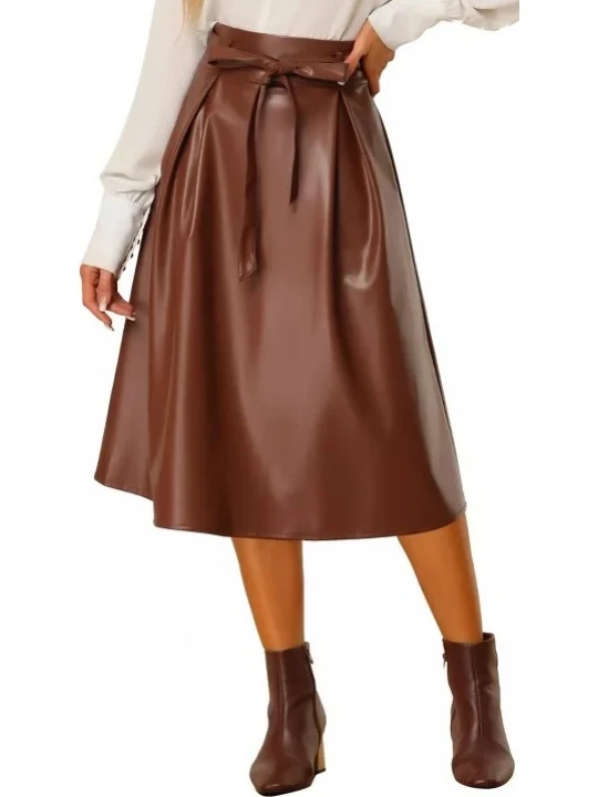 Brown Leather Belted Flare Midi Skirts
