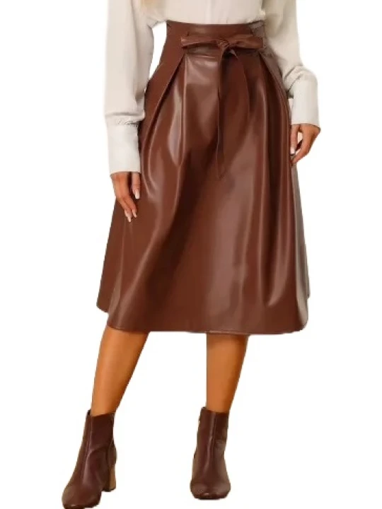 Brown Leather Belted Flare Midi Skirts