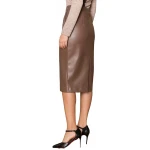 Brown Leather Knee Length Skirt With Pockets