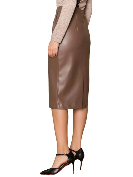 Brown Leather Knee Length Skirt With Pockets