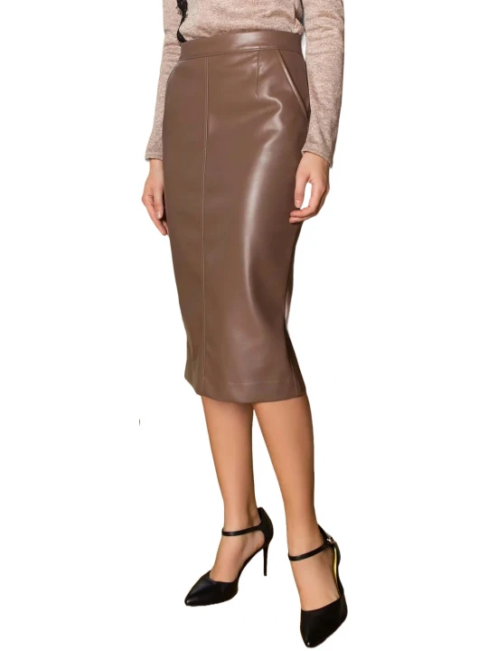 Brown Leather Knee Length Skirt With Pockets