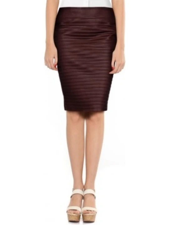 Brown Leather Pencil Skirt With Ribbed Front