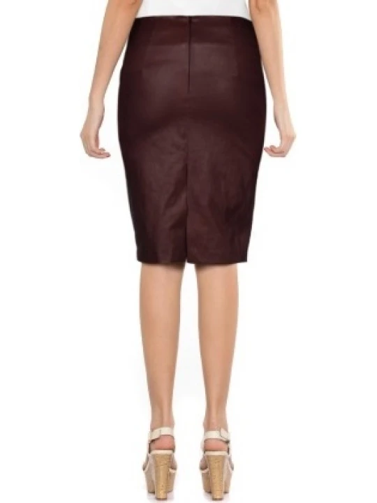Brown Leather Pencil Skirt With Ribbed Front