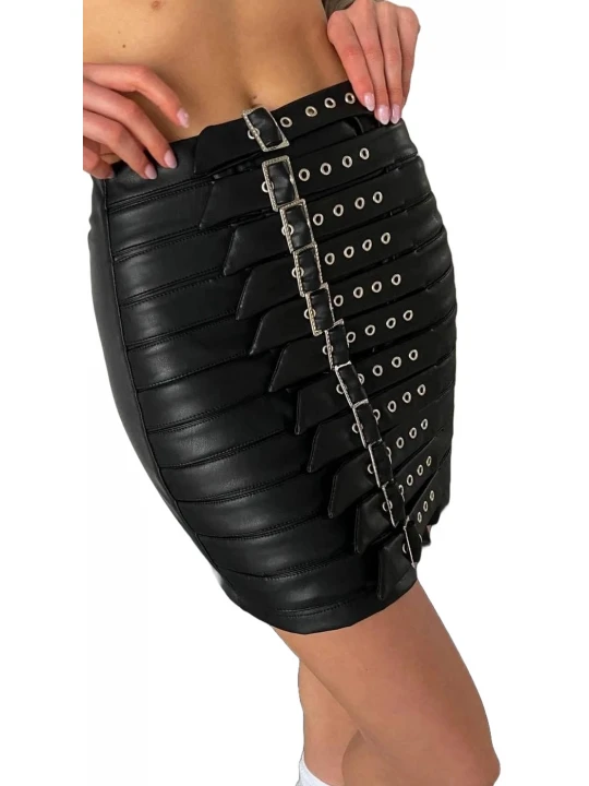 Buckle Belt Detailing Black Leather Skirt