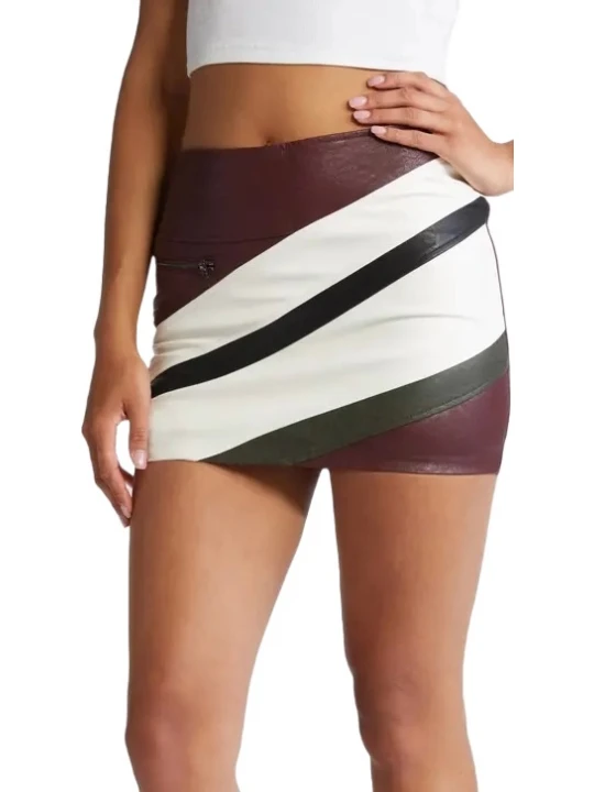 Burgundy, Black And White Paneled Leather Miniskirt