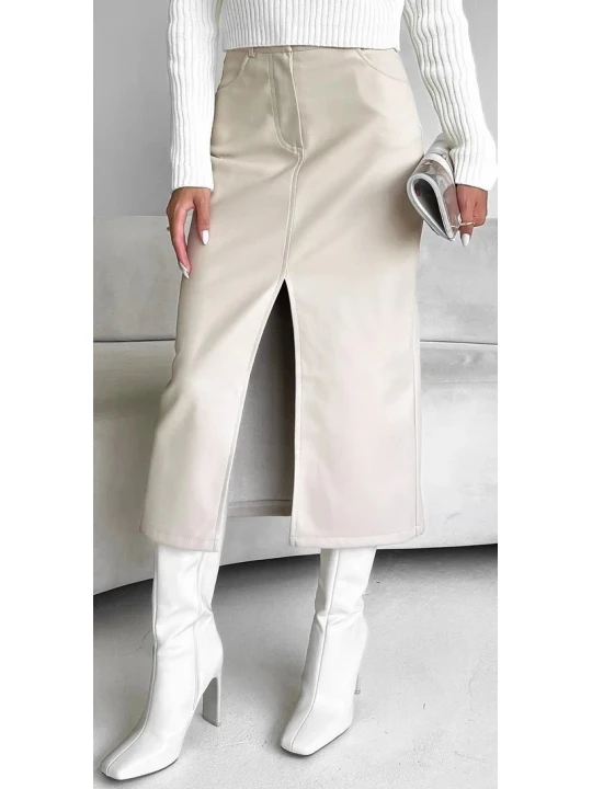 Button Front Closure Off White Leather Skirt