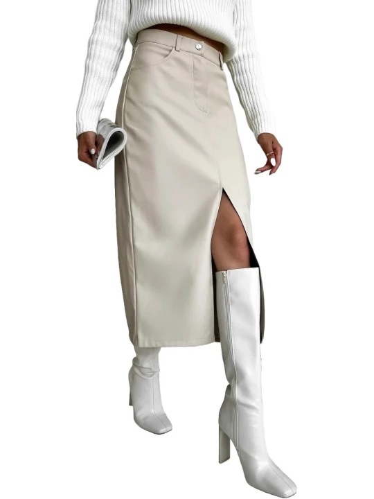 Button Front Closure Off White Leather Skirt