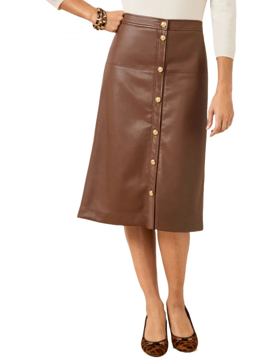 Button Front Closures Brown Leather Midi Skirt