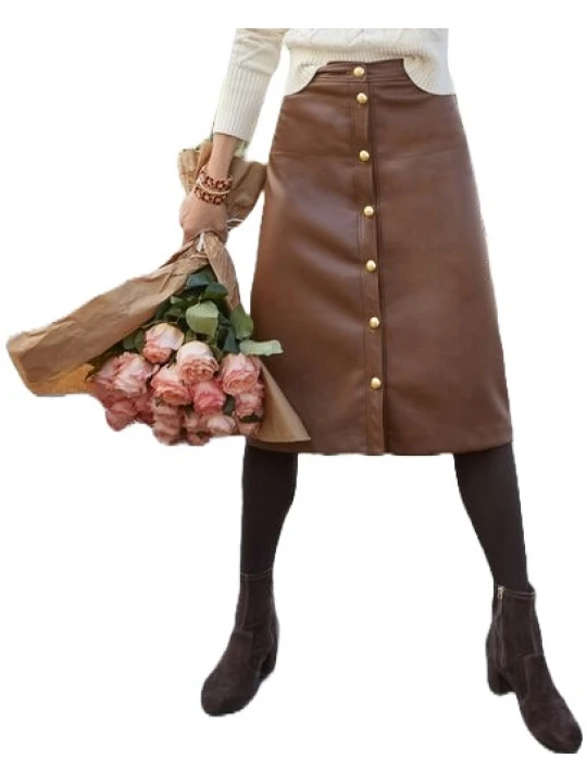 Button Front Closures Brown Leather Midi Skirt
