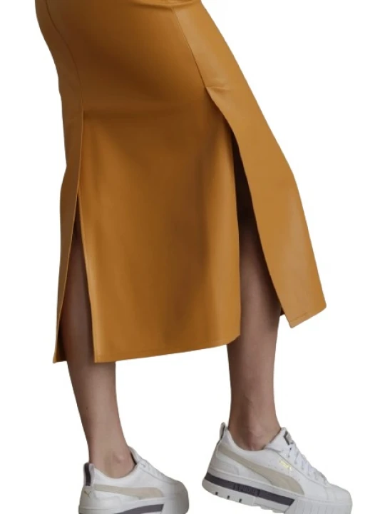 Chic Slits Yellow Leather Midi Skirt