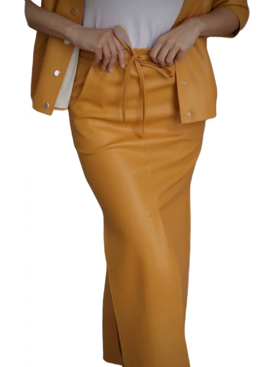 Chic Slits Yellow Leather Midi Skirt