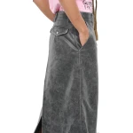 Distressed Black Leather Long Maxi Skirt