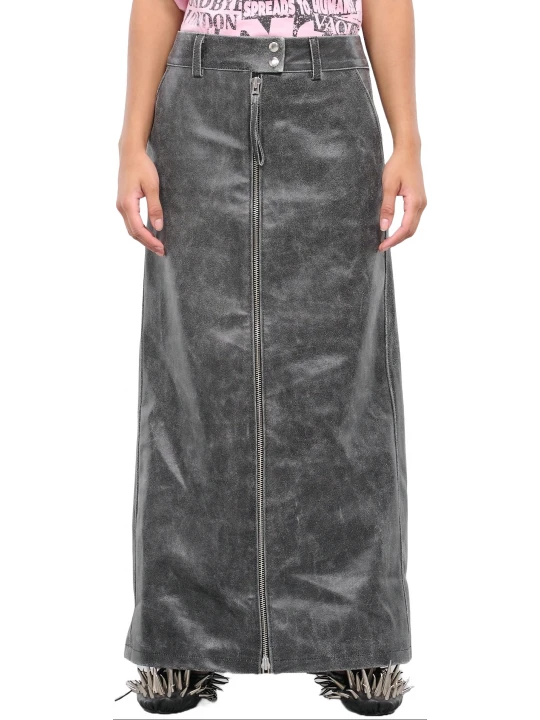 Distressed Black Leather Long Maxi Skirt