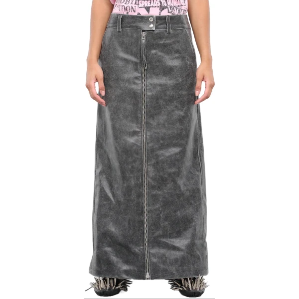 Distressed Black Leather Long Maxi Skirt