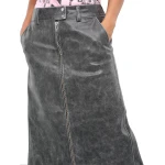 Distressed Black Leather Long Maxi Skirt