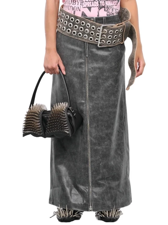 Distressed Black Leather Long Maxi Skirt