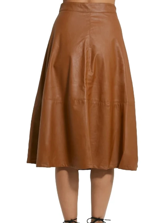 Feminine Style Tan Leather A-Line Midi Skirt for Ladies