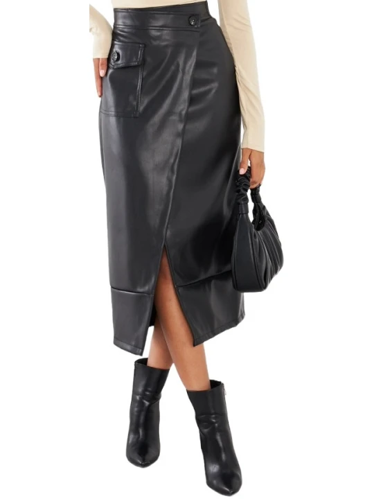 Flap Pocket Black Leather Midi Skirt