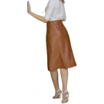 Front Press Studs Brown Leather Midi Skirt