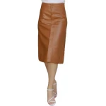 Front Press Studs Brown Leather Midi Skirt