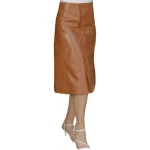 Front Press Studs Brown Leather Midi Skirt