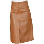 Front Press Studs Brown Leather Midi Skirt