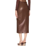 Front Slit Midi Skirt In Brown Leather