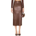 Front Slit Midi Skirt In Brown Leather