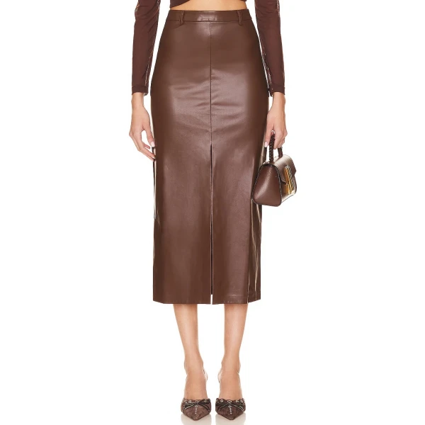 Front Slit Midi Skirt In Brown Leather