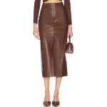 Front Slit Midi Skirt In Brown Leather