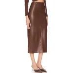 Front Slit Midi Skirt In Brown Leather