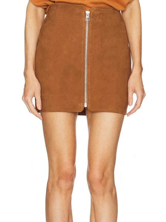 Front Zip Closure Camel Suede Leather Mini Skirt