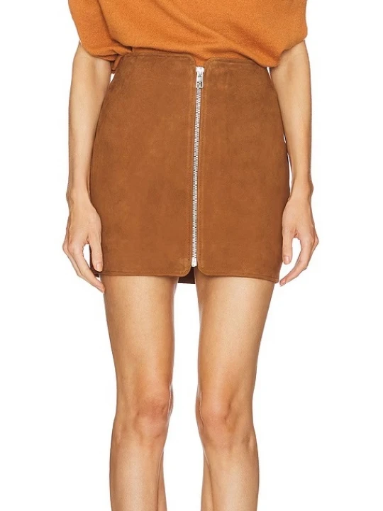 Front Zip Closure Camel Suede Leather Mini Skirt