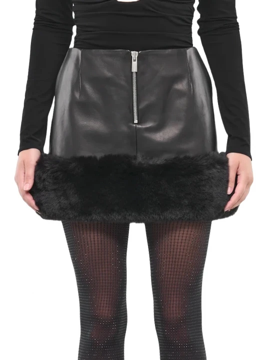 Fur Trim Black Leather Mini Skirt