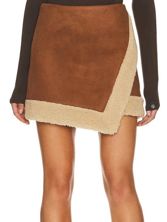 Fur Trim Brown Suede Leather Skirt