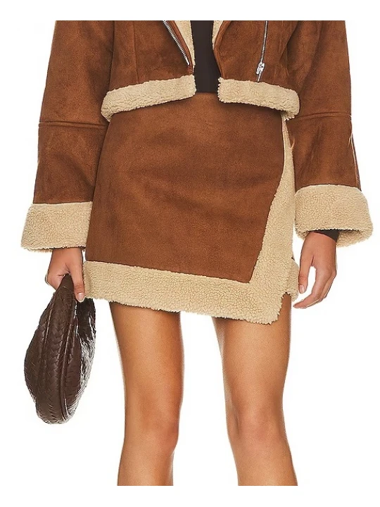 Fur Trim Brown Suede Leather Skirt