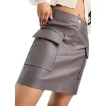 Grey Leather Mini Skirt With Pockets