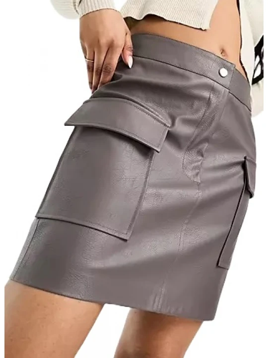 Grey Leather Mini Skirt With Pockets