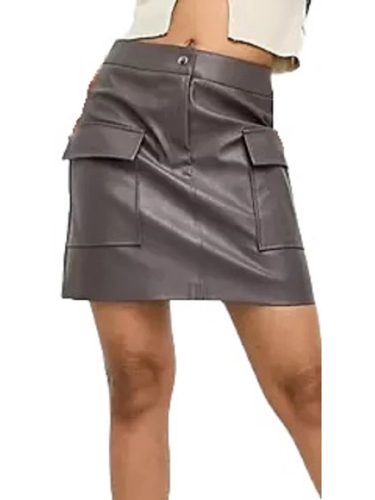 Grey Leather Mini Skirt With Pockets